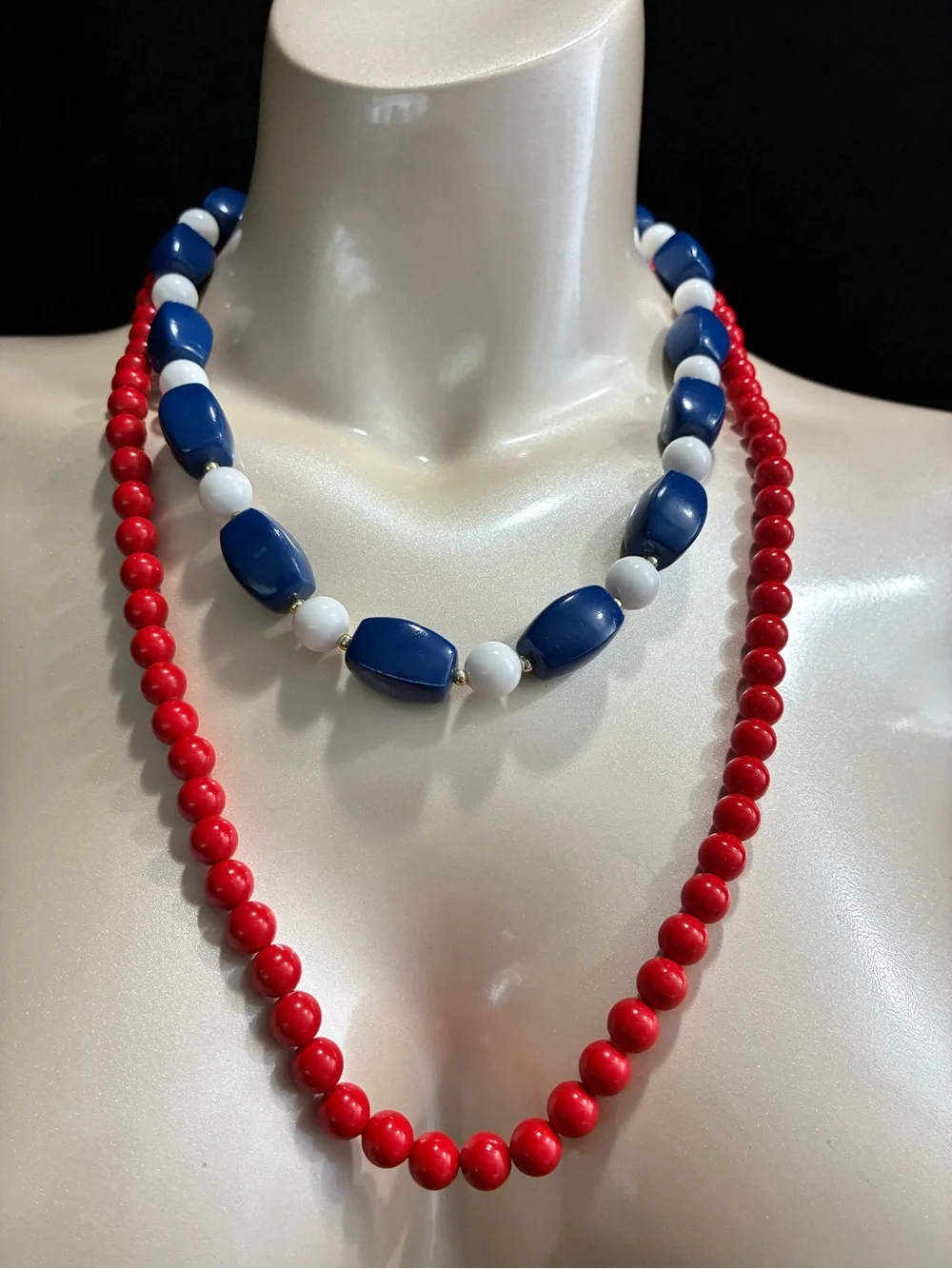 Patriotic Two-Strand Red, Blue & White Beaded VTG Retro Necklace’s Memorial Day